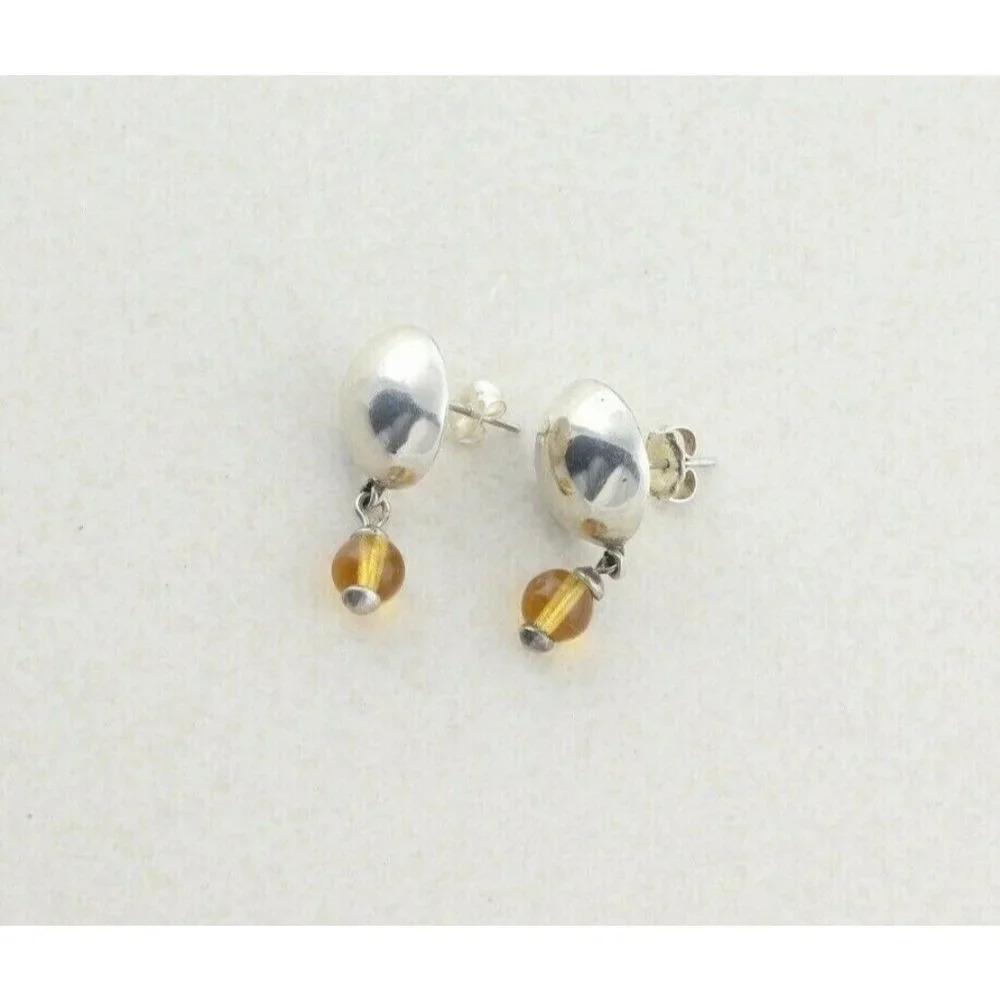 Sterling Silver Button Earrings with Yellow Glass Bead Dangle Drop Earrings - Picture 6 of 7